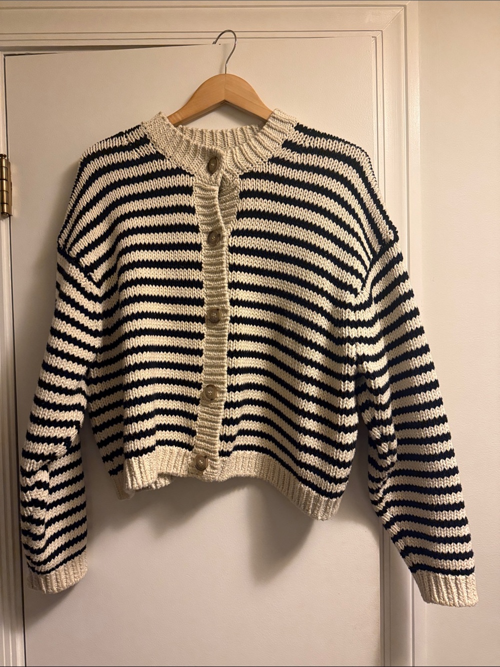 Frame Denim Black and Cream Striped Button-Front Cardigan